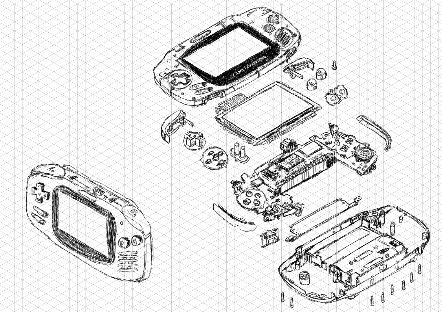 Drawing of a portable game console on an isometric grid. The full device is on the bottom left and across the top right side of the picture the device has been taken apart and each individual piece has been drawn, such as the buttons, shell, circuit boards, LCD screen and a set of screws.